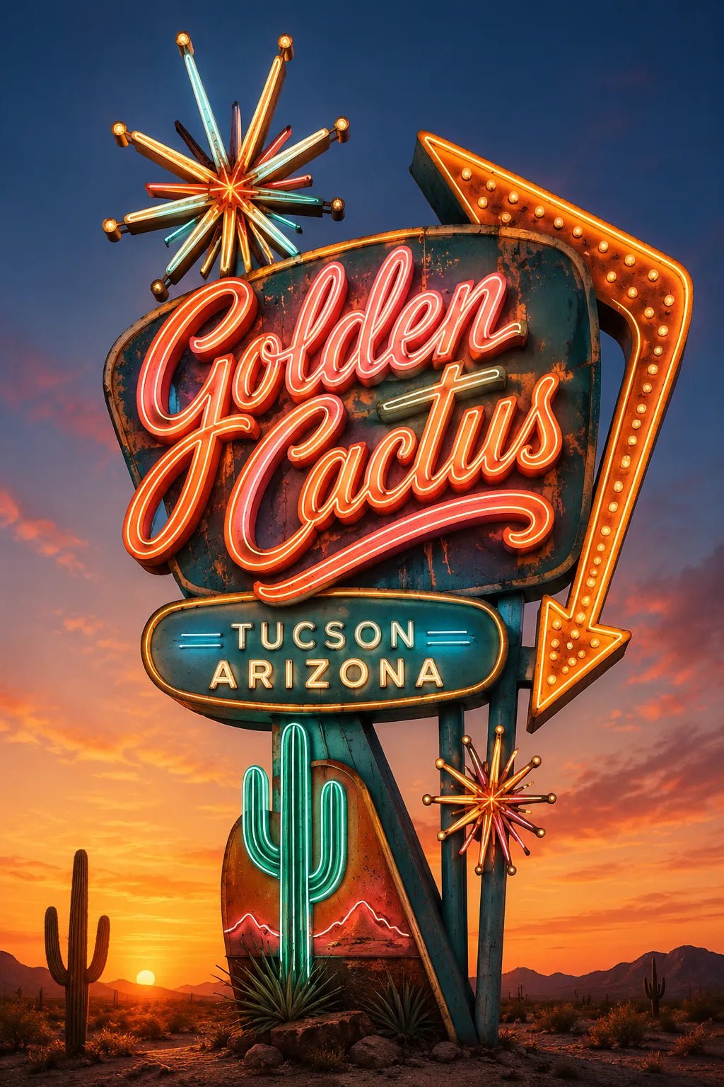 Example output from the Retro Neon Highway Signs ChatGPT prompt: a Golden Cactus neon sign in orange script with a Tucson Arizona plaque and neon cactus at sunset.