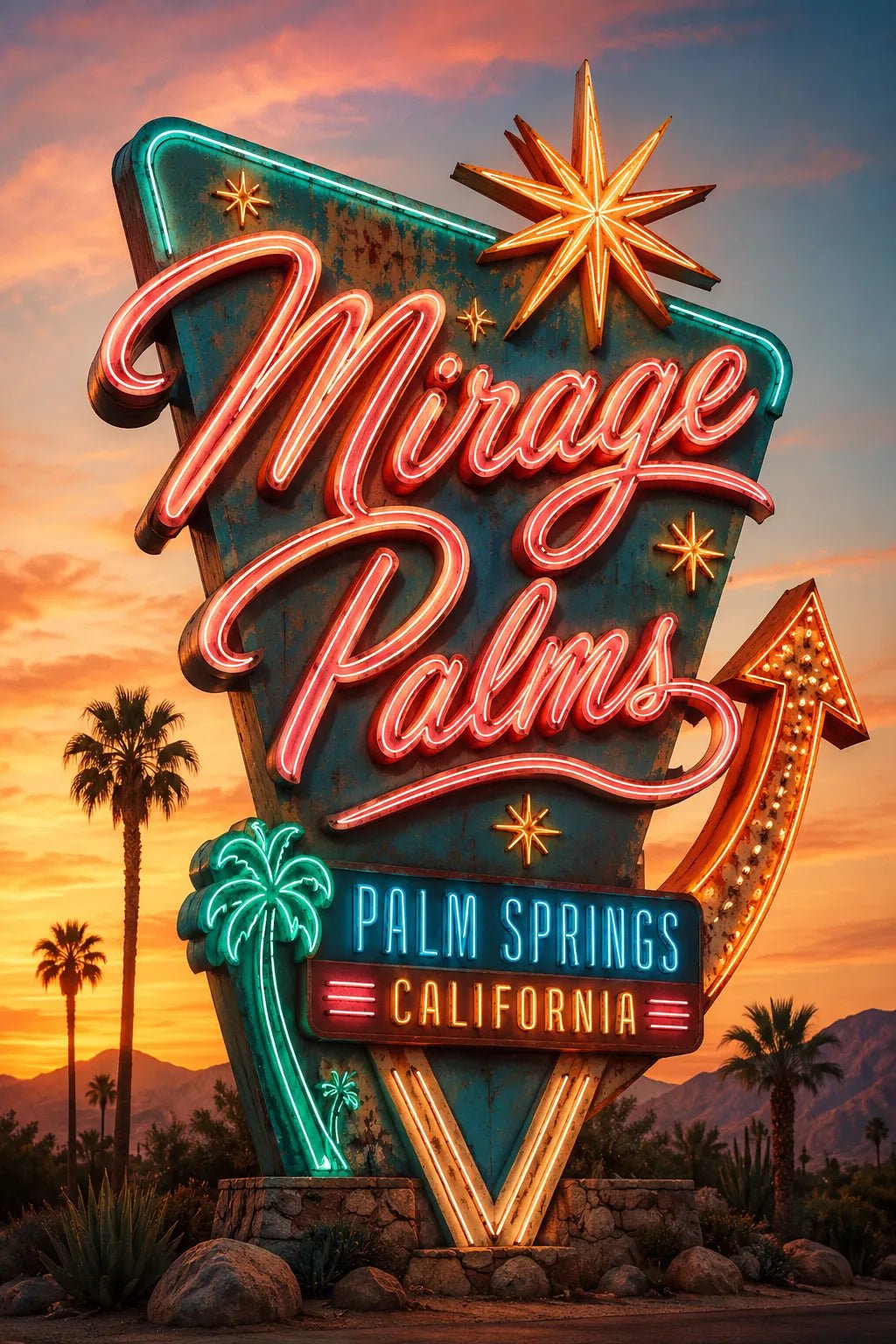 Example output from the Retro Neon Highway Signs ChatGPT prompt: a Mirage Palms neon sign in pink and turquoise with a Palm Springs California plaque and palm silhouettes.