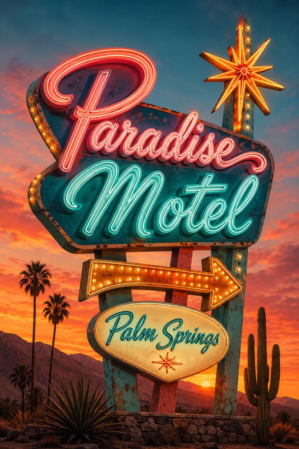 Example output from the Retro Neon Highway Signs ChatGPT prompt: a Paradise Motel neon sign in pink and turquoise script with a starburst and Palm Springs plaque against a desert sunset.