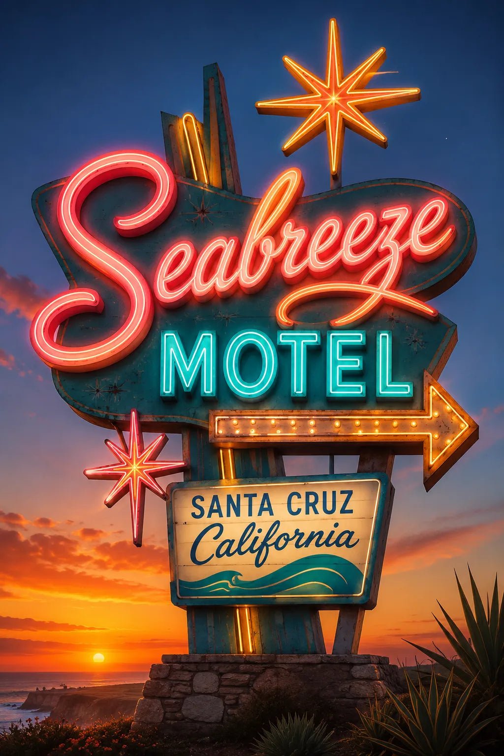 Example output from the Retro Neon Highway Signs ChatGPT prompt: a Seabreeze Motel vintage neon roadside sign in 1950s Americana style with rich neon lighting at sunset.