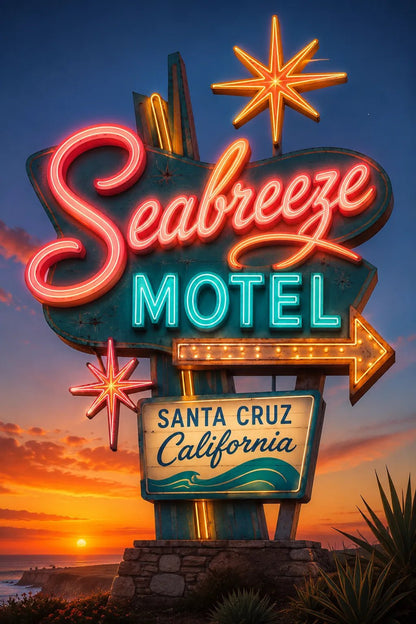 Example output from the Retro Neon Highway Signs ChatGPT prompt: a Seabreeze Motel vintage neon roadside sign in 1950s Americana style with rich neon lighting at sunset.