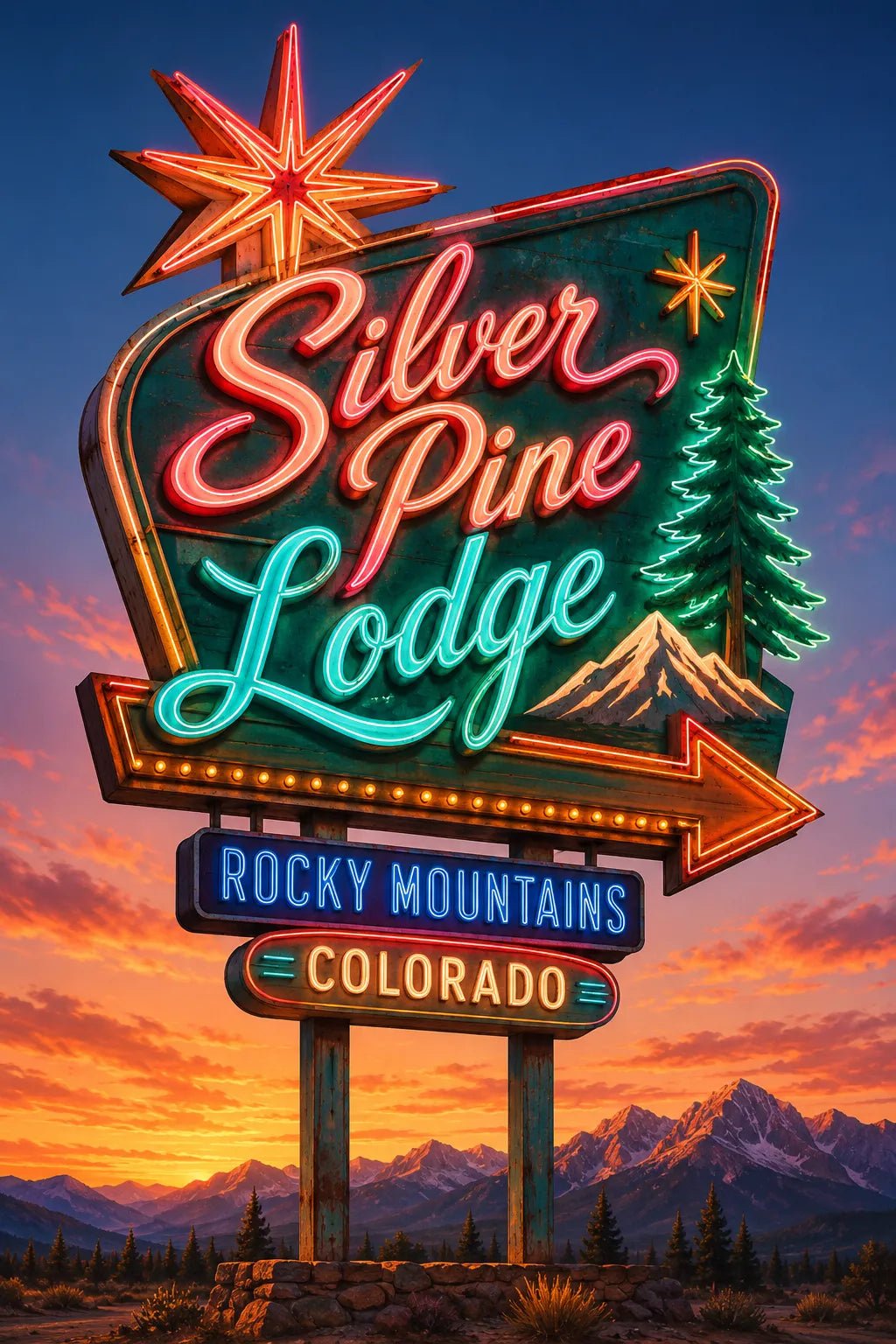 Example output from the Retro Neon Highway Signs ChatGPT prompt: a Silver Pine Lodge vintage neon roadside sign in 1950s Americana style with rich neon lighting at sunset.