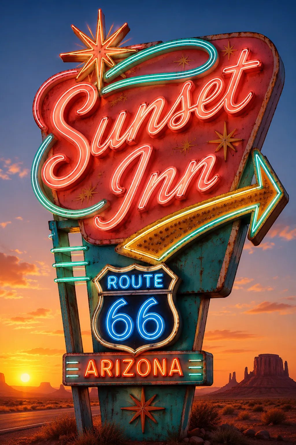 Example output from the Retro Neon Highway Signs ChatGPT prompt: a Sunset Inn neon sign in red and yellow with a Route 66 Arizona shield against desert buttes at dusk.