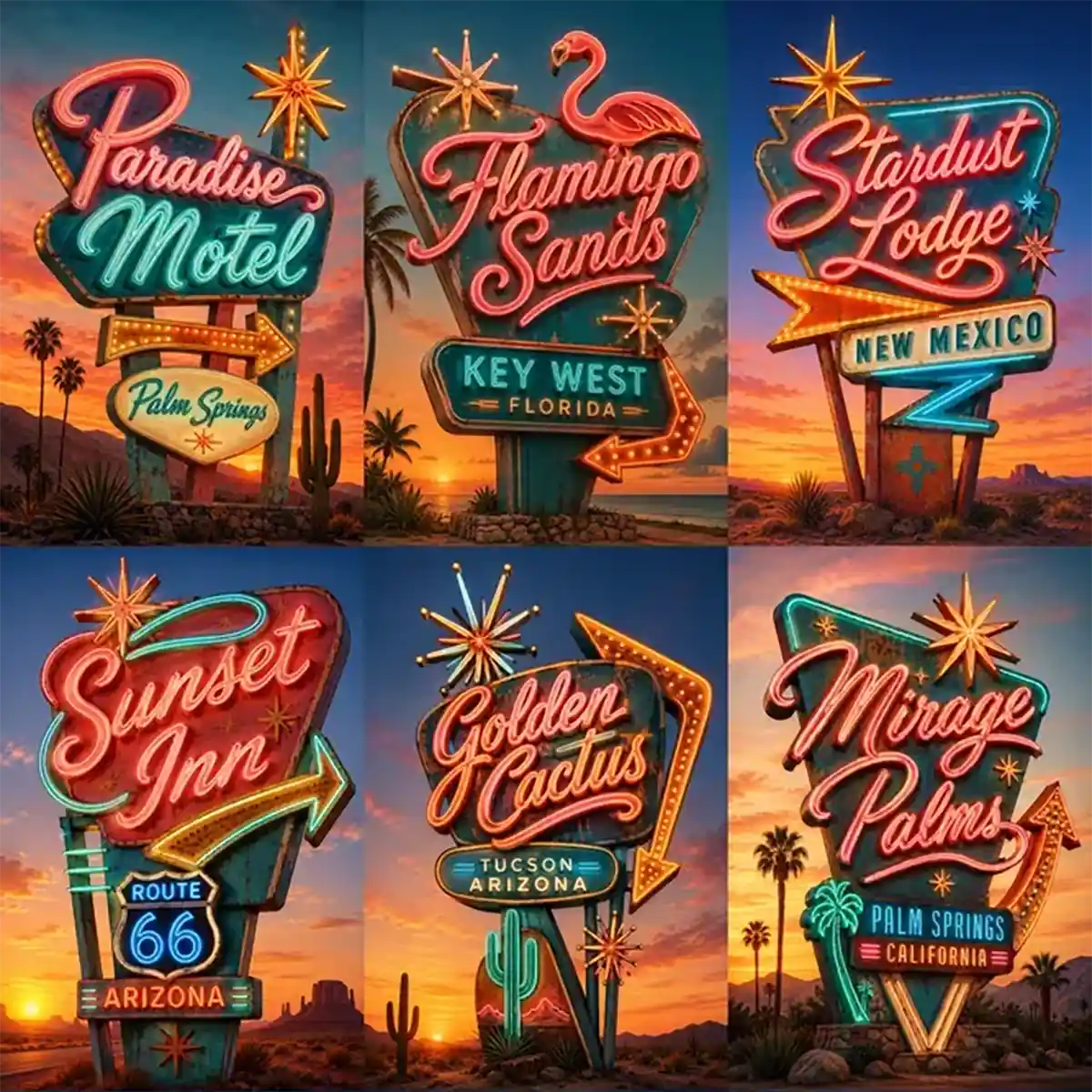 Example output from the Retro Neon Highway Signs ChatGPT prompt: a six-panel grid of mid-century American roadside neon signs at sunset, reading Paradise Motel, Flamingo Sands, Stardust Lodge, Sunset Inn, Golden Cactus and Mirage Palms.