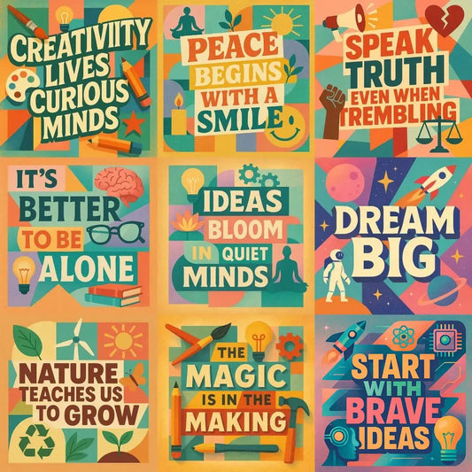 Example output from the Retro Quote Collage Illustrations ChatGPT prompt: colorful square illustrations with retro fonts, motivational quotes, pastel shapes, and textured collage layouts for eye-catching merch or content.