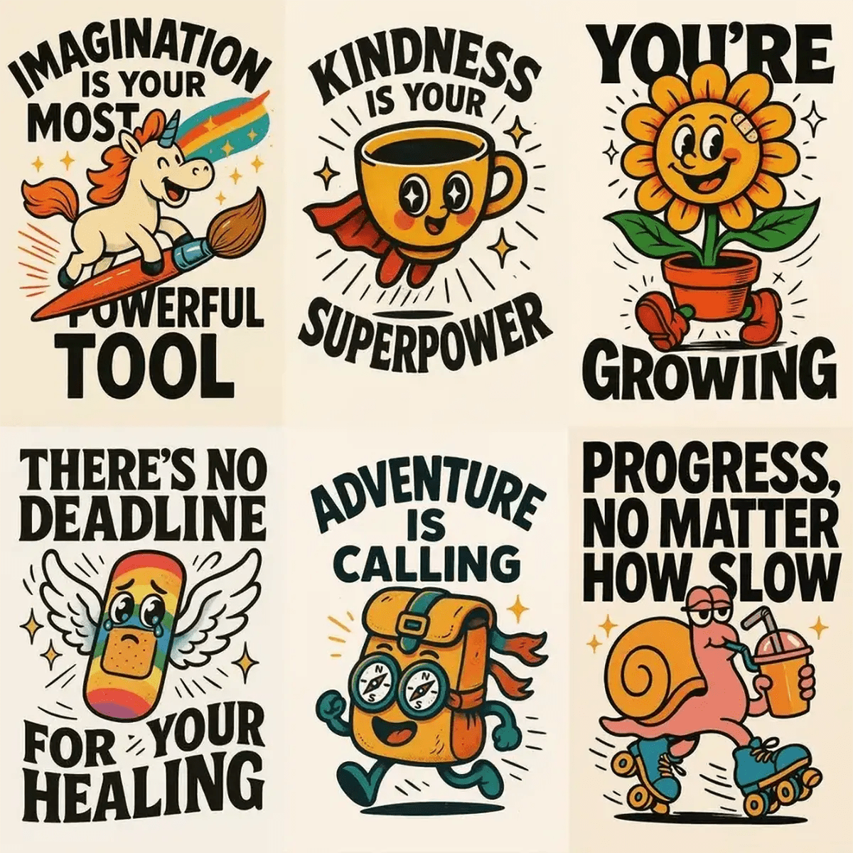 Example output from the Retro Quote Prints Posters With Characters ChatGPT prompt: bold motivational quotes paired with retro cartoon figures, serigraph textures, and vibrant ink outlines—perfect for posters, merch, and editorial use.