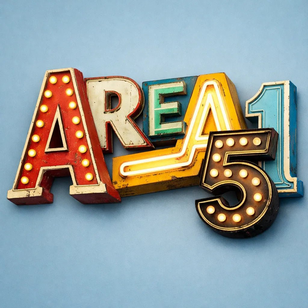 Retro signage letter collage typography made from vintage neon and metal sign fragments on a clean baby blue background: Area 51