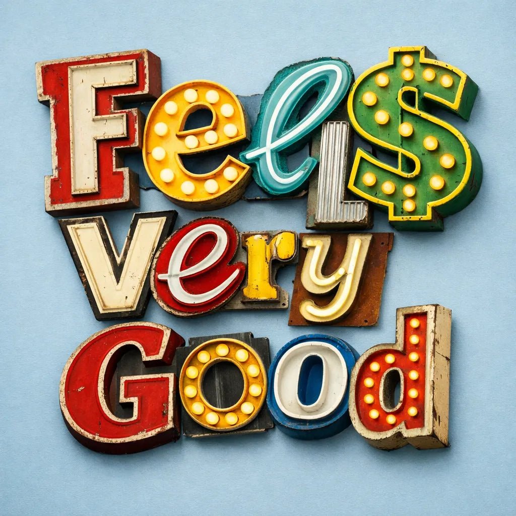 Retro signage letter collage typography made from vintage neon and metal sign fragments on a clean baby blue background: Feels Very Good