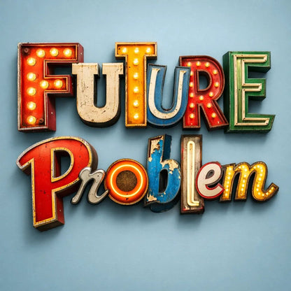 Retro signage letter collage typography made from vintage neon and metal sign fragments on a clean baby blue background: Future Problem