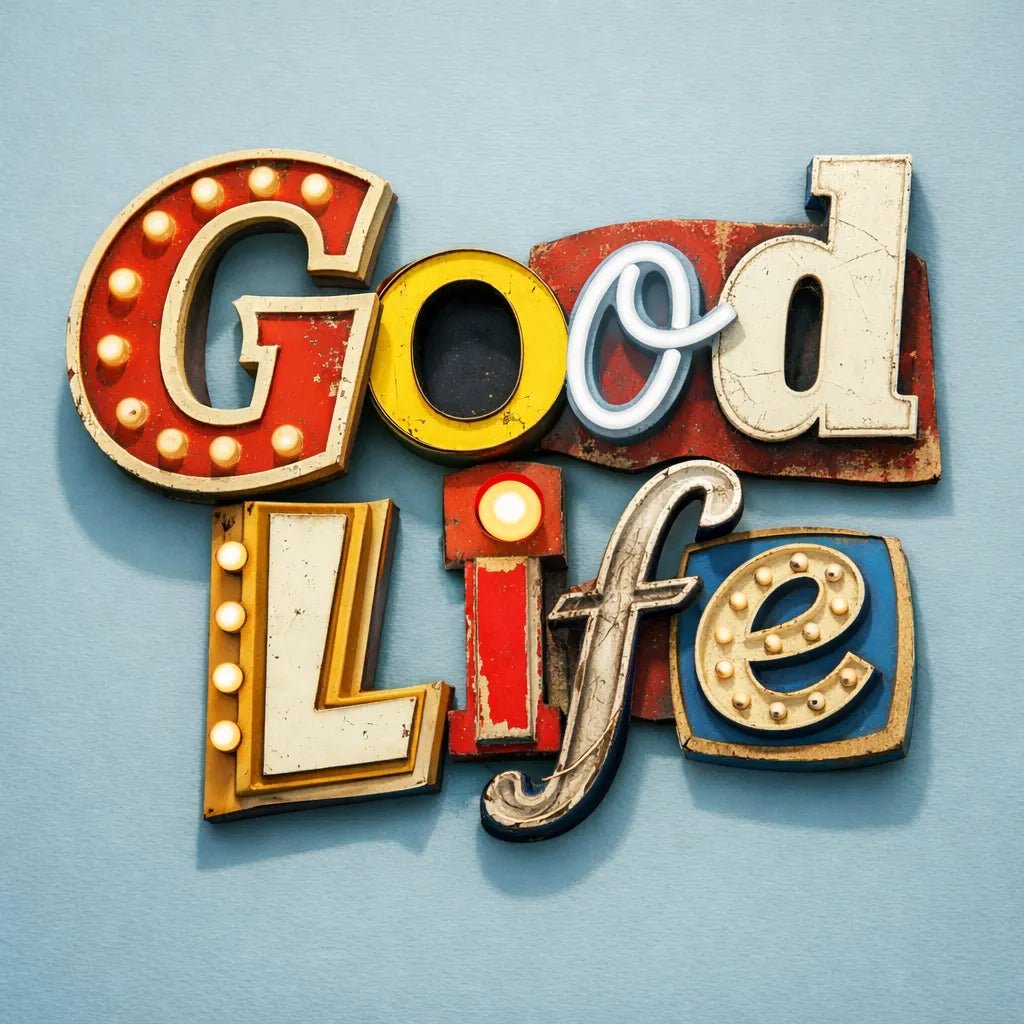 Retro signage letter collage typography made from vintage neon and metal sign fragments on a clean baby blue background: Good Life