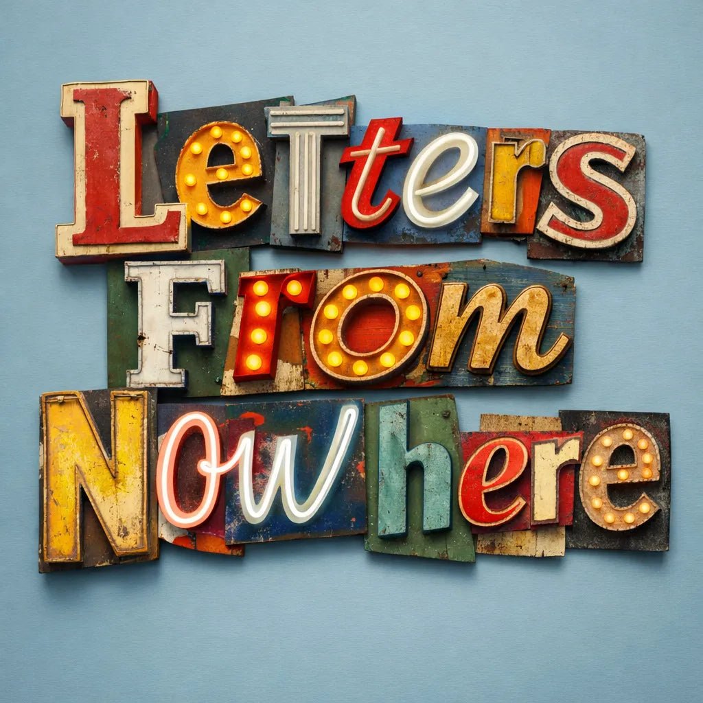 Retro signage letter collage typography made from vintage neon and metal sign fragments on a clean baby blue background: Letter From Nowhere