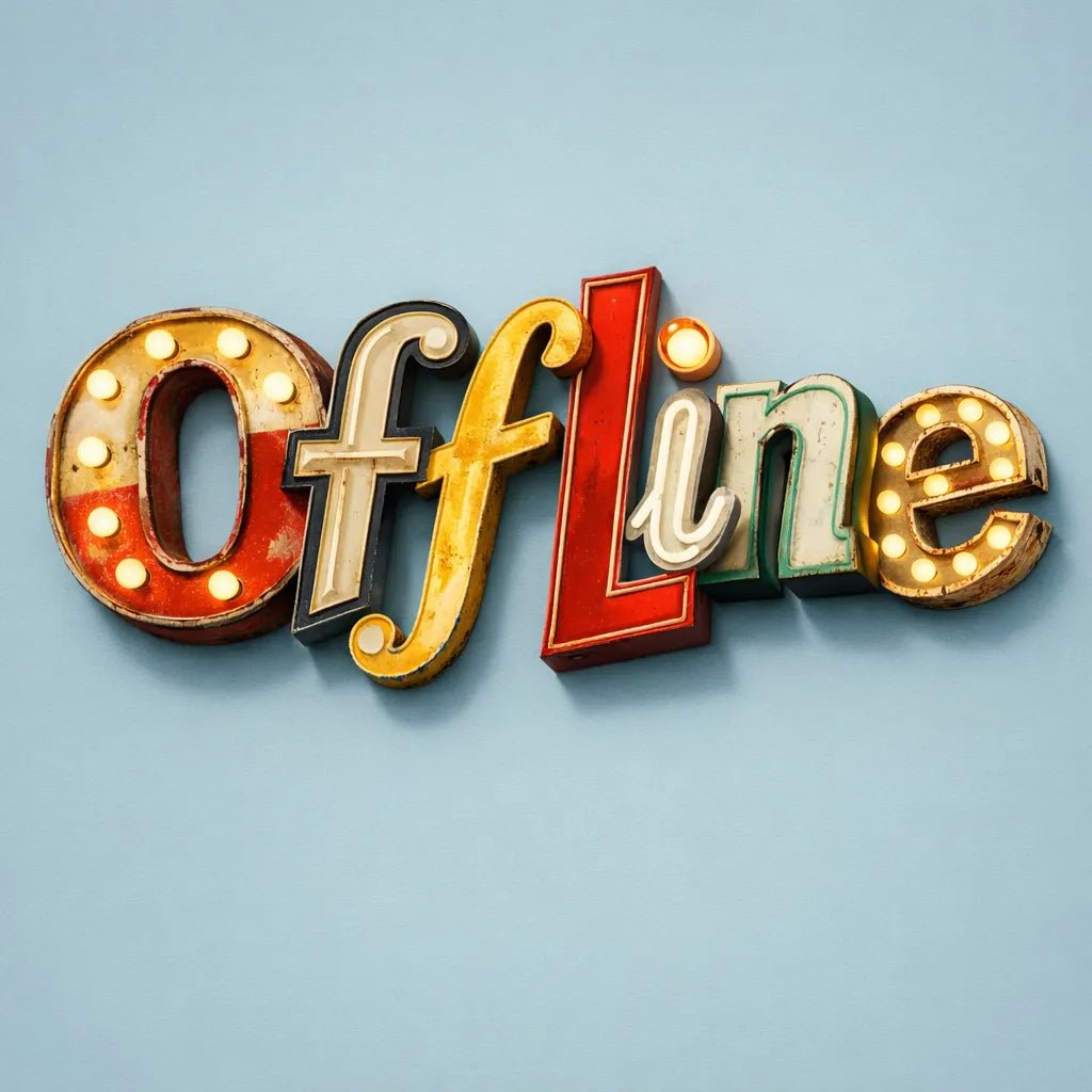 Retro signage letter collage typography made from vintage neon and metal sign fragments on a clean baby blue background: Offline