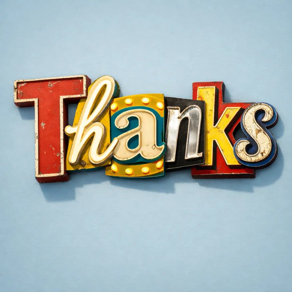 Retro signage letter collage typography made from vintage neon and metal sign fragments on a clean baby blue background: Thanks
