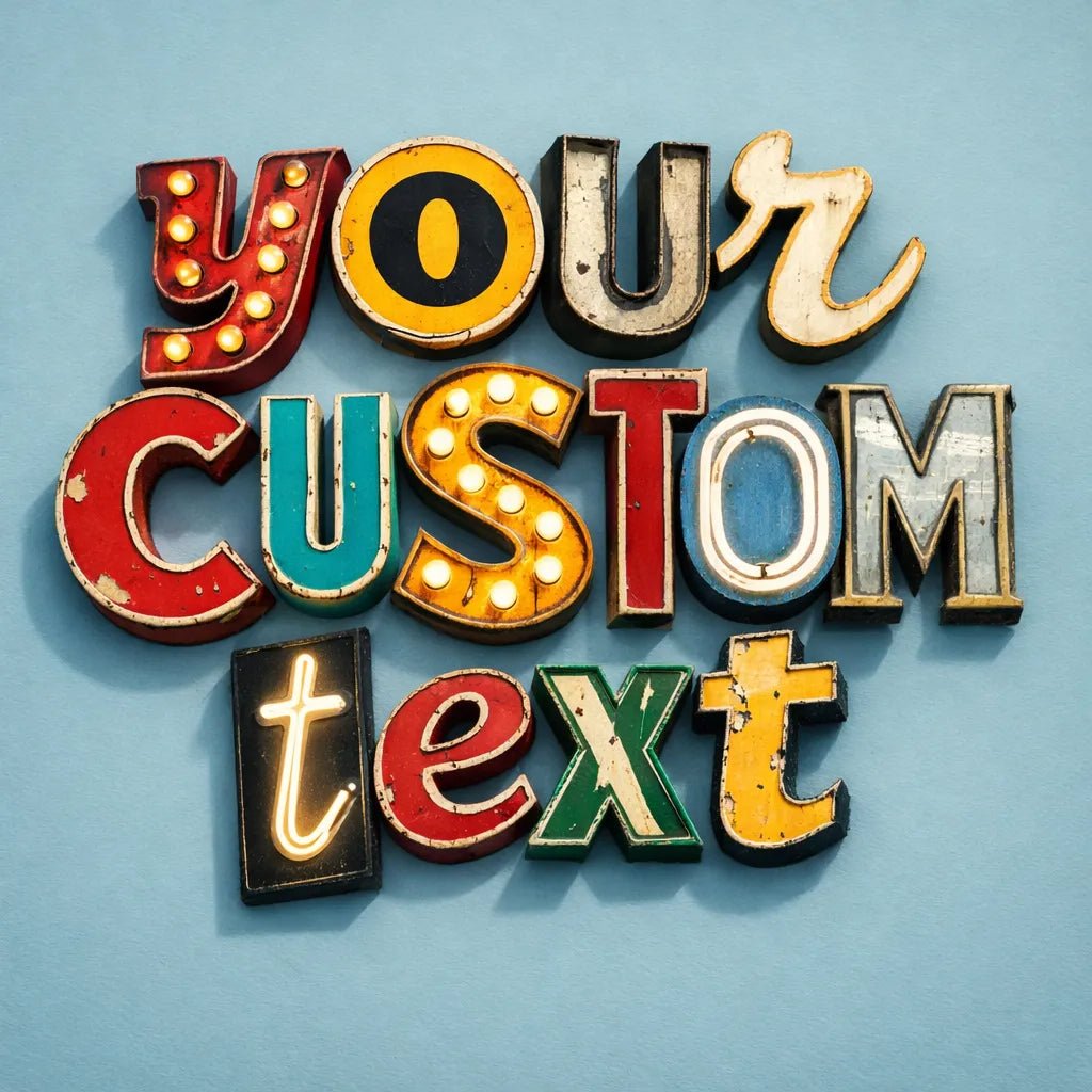 Retro signage letter collage typography made from vintage neon and metal sign fragments on a clean baby blue background: Your Custom Text