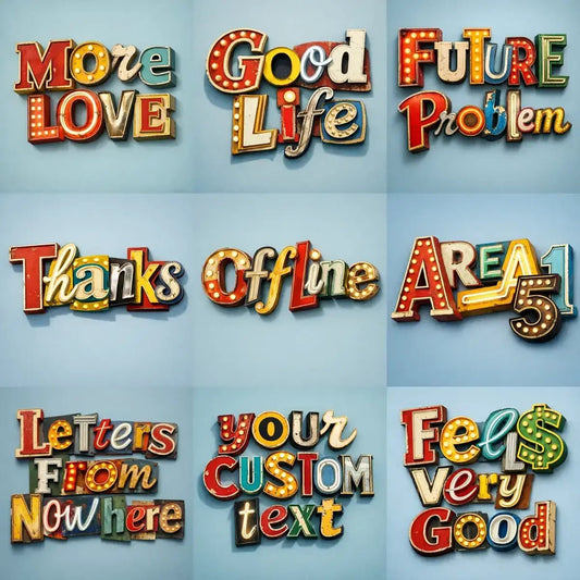 Six Retro signages letter collage typography made from vintage neon and metal sign fragments on a clean baby blue background