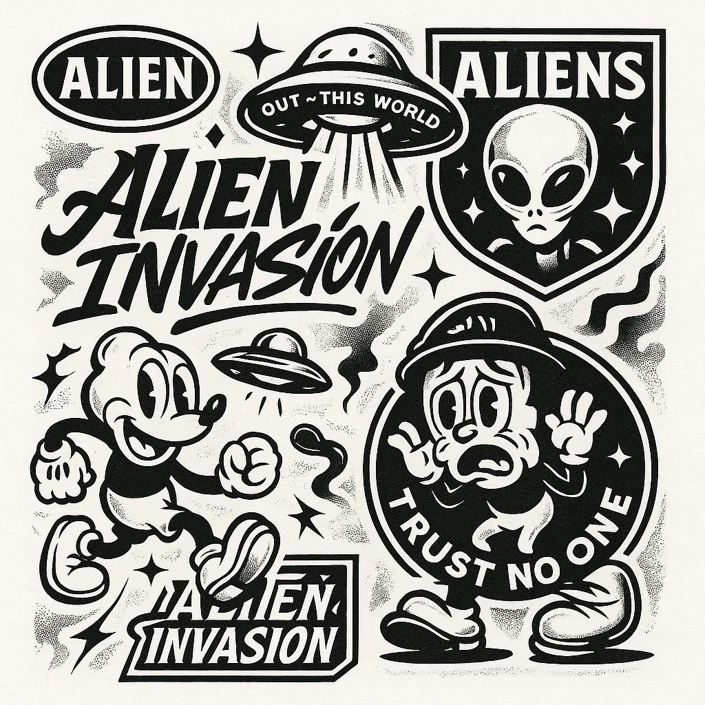 Example output from the Retro Streetwear Collage Graphics ChatGPT prompt: Alien Invasion