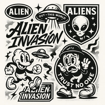 Example output from the Retro Streetwear Collage Graphics ChatGPT prompt: Alien Invasion