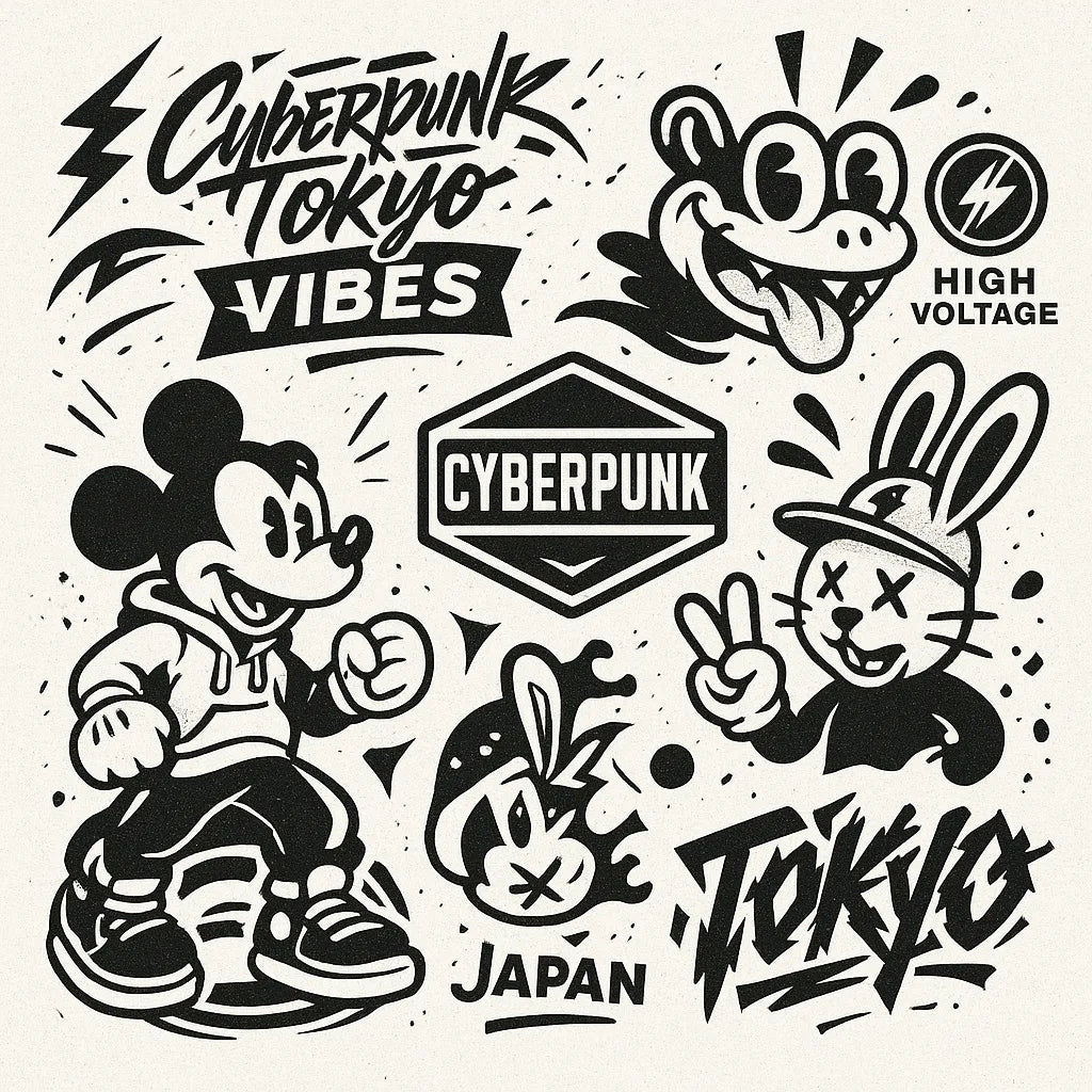 Example output from the Retro Streetwear Collage Graphics ChatGPT prompt: Cyberpunk Tokyo