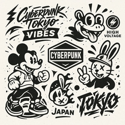 Example output from the Retro Streetwear Collage Graphics ChatGPT prompt: Cyberpunk Tokyo