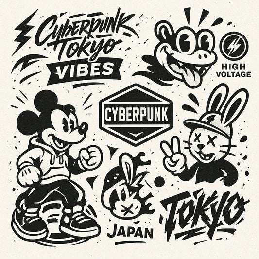 Example output from the Retro Streetwear Collage Graphics ChatGPT prompt: Cyberpunk Tokyo