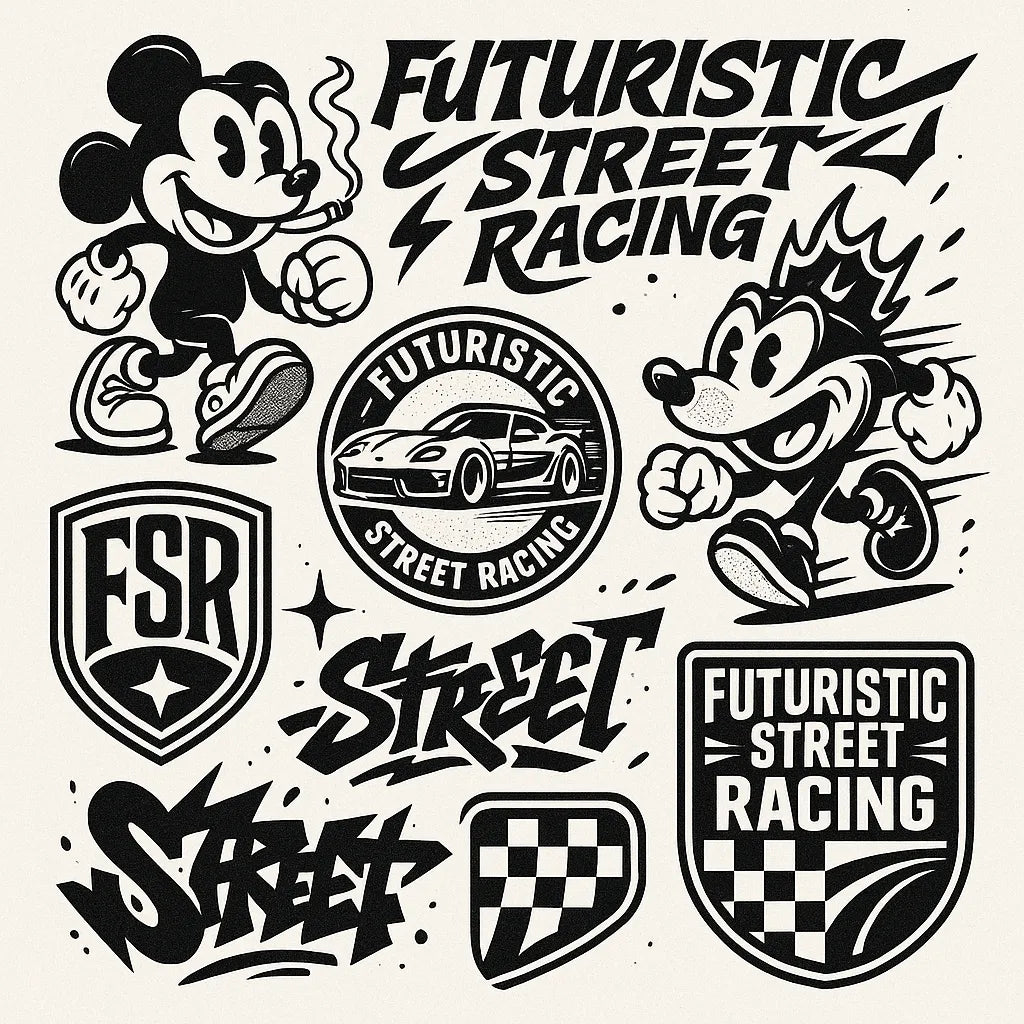 Example output from the Retro Streetwear Collage Graphics ChatGPT prompt: Futuristic Street Racing