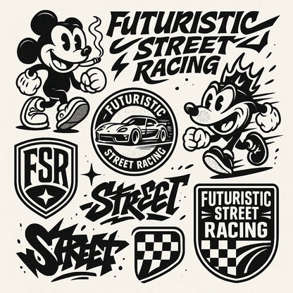 Example output from the Retro Streetwear Collage Graphics ChatGPT prompt: Futuristic Street Racing