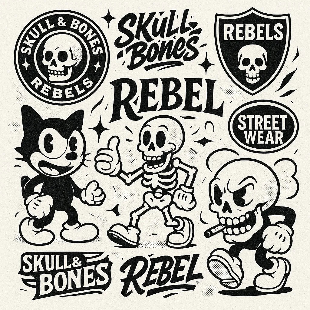 Example output from the Retro Streetwear Collage Graphics ChatGPT prompt: Rebel Skulls