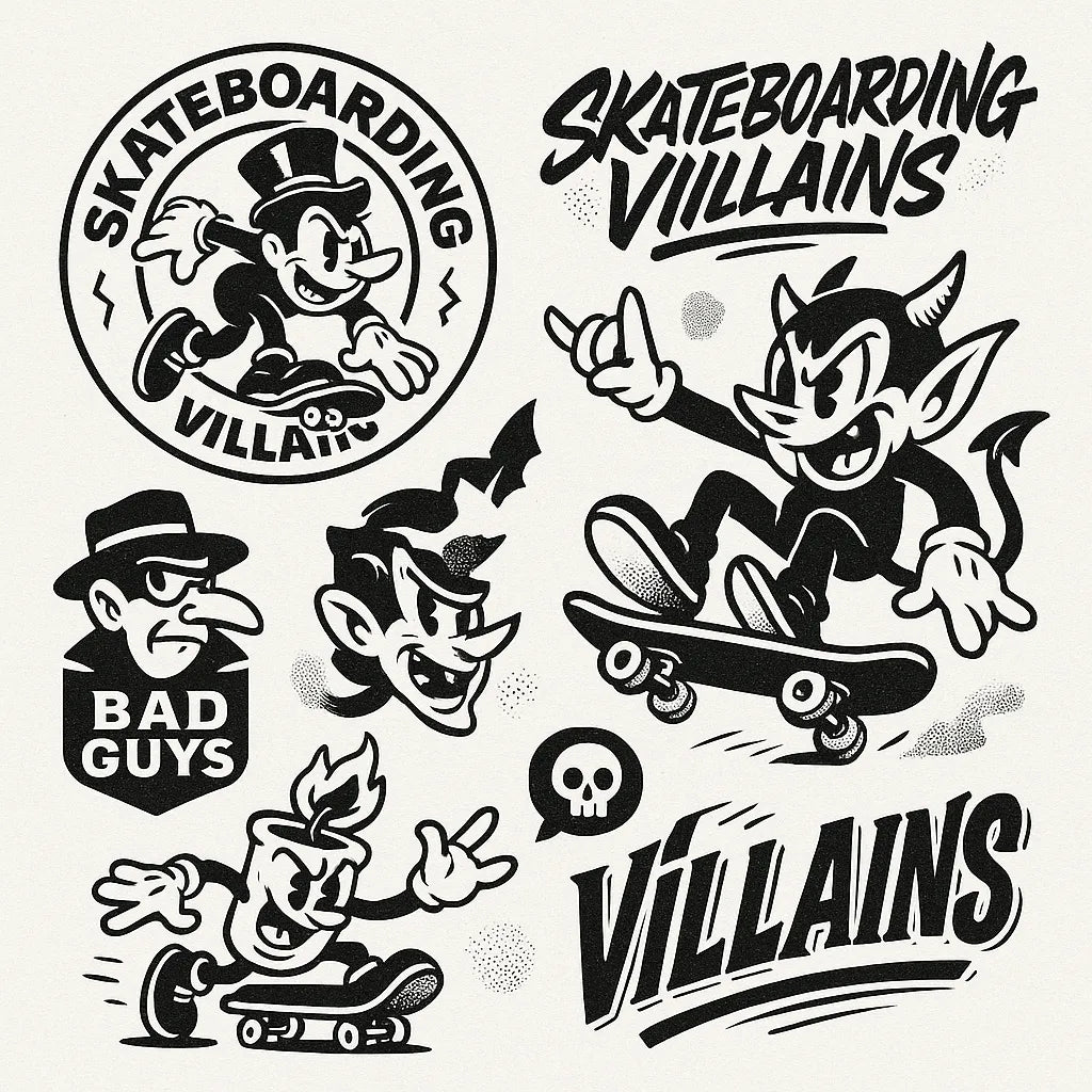 Example output from the Retro Streetwear Collage Graphics ChatGPT prompt: Skateboarding Villains