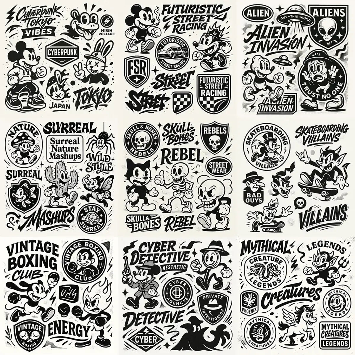 Example output from the Retro Streetwear Collage Graphics ChatGPT prompt: bold black-and-white retro cartoon graphics with graffiti-inspired lettering, streetwear badge logos, surreal mascots, and layered sticker-sheet composition.