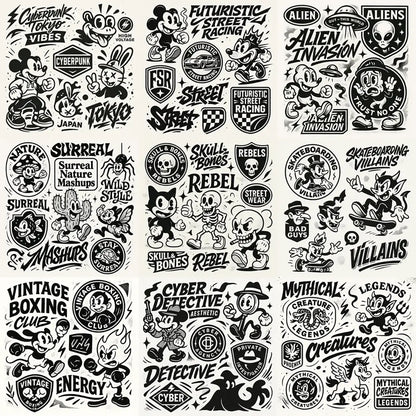 Example output from the Retro Streetwear Collage Graphics ChatGPT prompt: bold black-and-white retro cartoon graphics with graffiti-inspired lettering, streetwear badge logos, surreal mascots, and layered sticker-sheet composition.