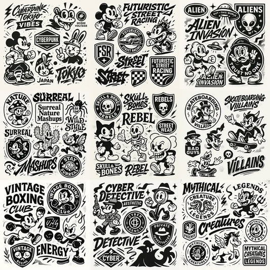 Example output from the Retro Streetwear Collage Graphics ChatGPT prompt: bold black-and-white retro cartoon graphics with graffiti-inspired lettering, streetwear badge logos, surreal mascots, and layered sticker-sheet composition.