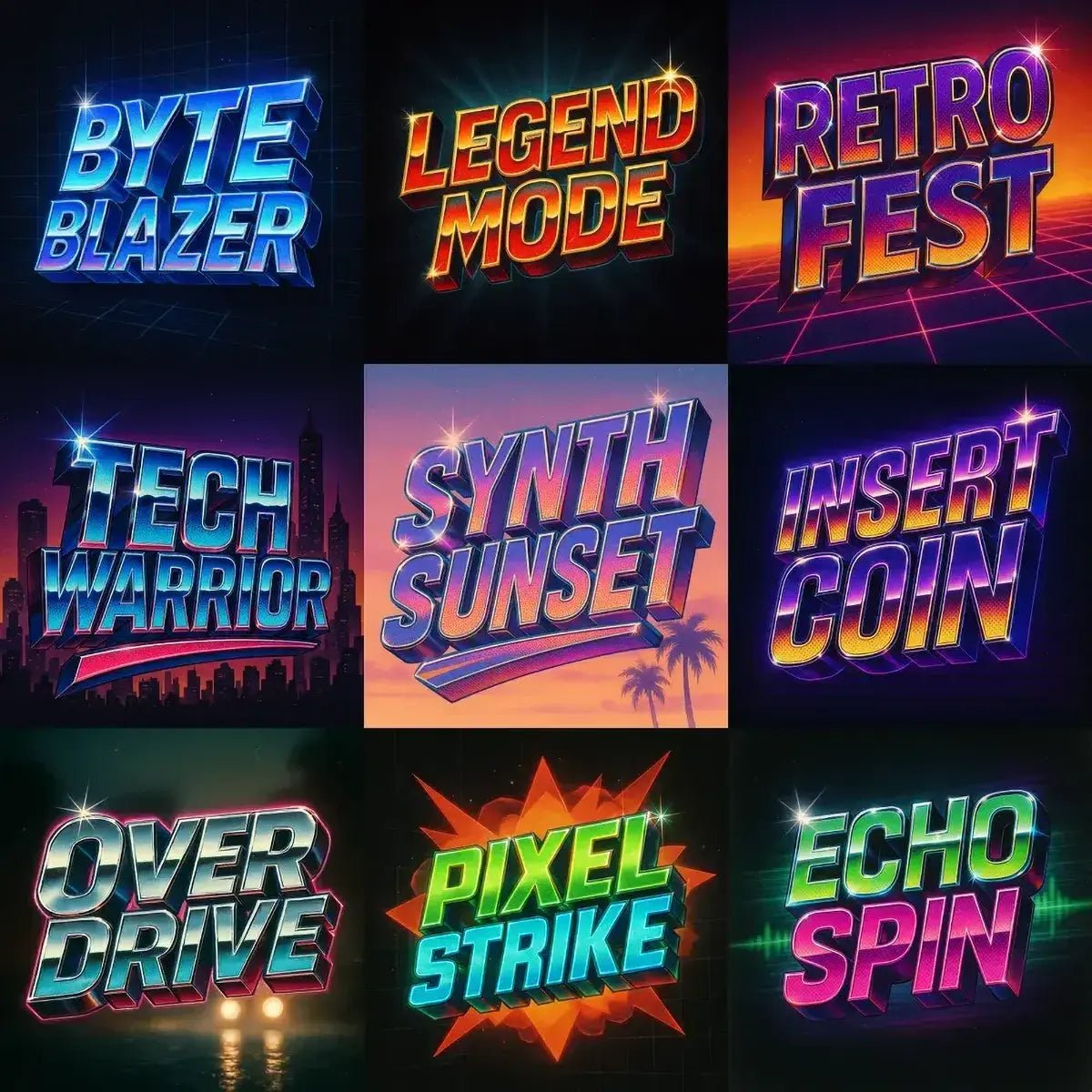 Example output from the Retro Text Designs With Effects ChatGPT prompt: 80s-inspired logo typography in chrome, neon, and gradient styles, featuring light flares, grainy film overlays, and colorful sci-fi backdrops.