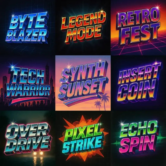 Example output from the Retro Text Designs With Effects ChatGPT prompt: 80s-inspired logo typography in chrome, neon, and gradient styles, featuring light flares, grainy film overlays, and colorful sci-fi backdrops.