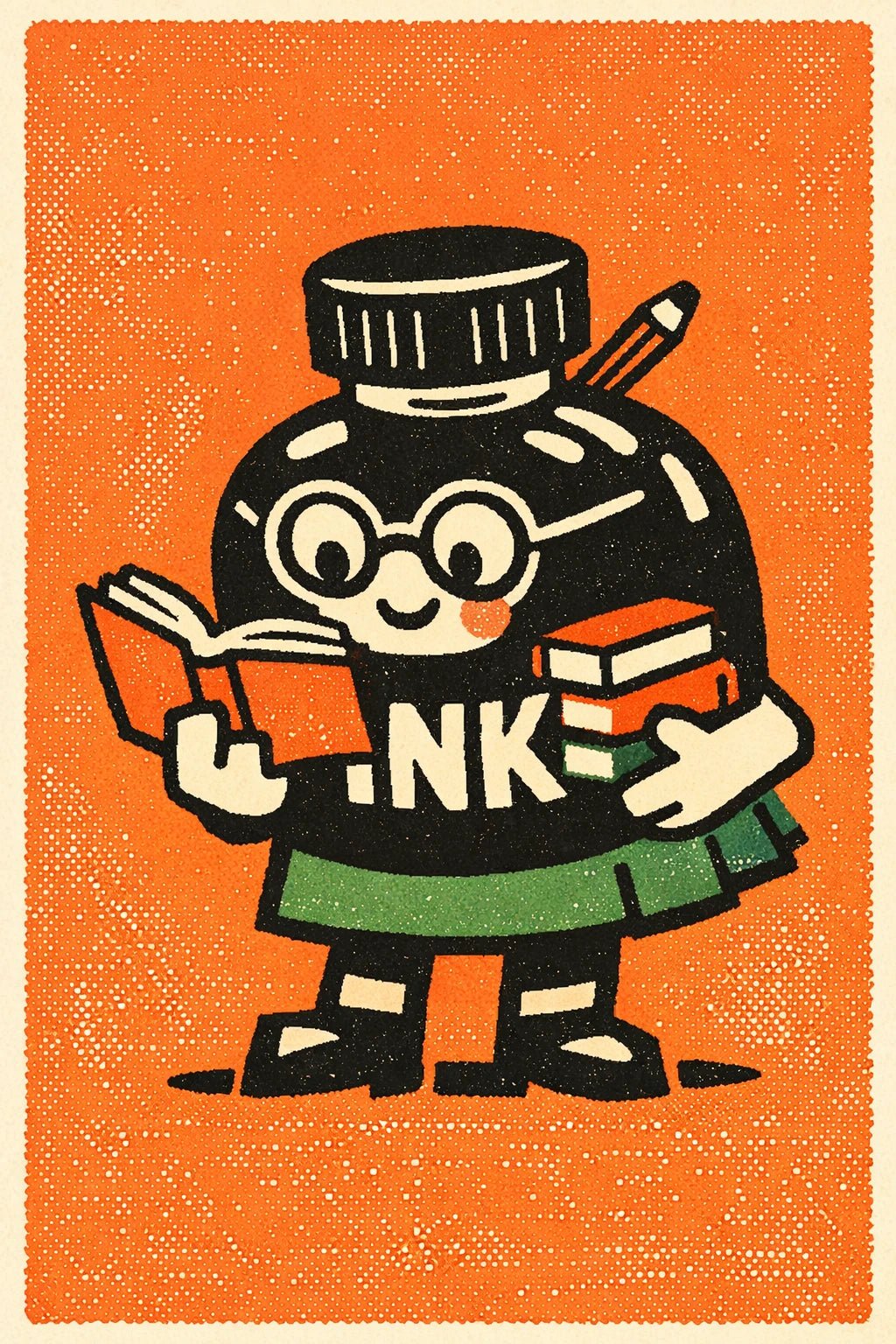 Example output from the Retro Toy Packaging Characters ChatGPT prompt: a retro mascot character of an ink bottle scholar in glasses holding a book, on orange.