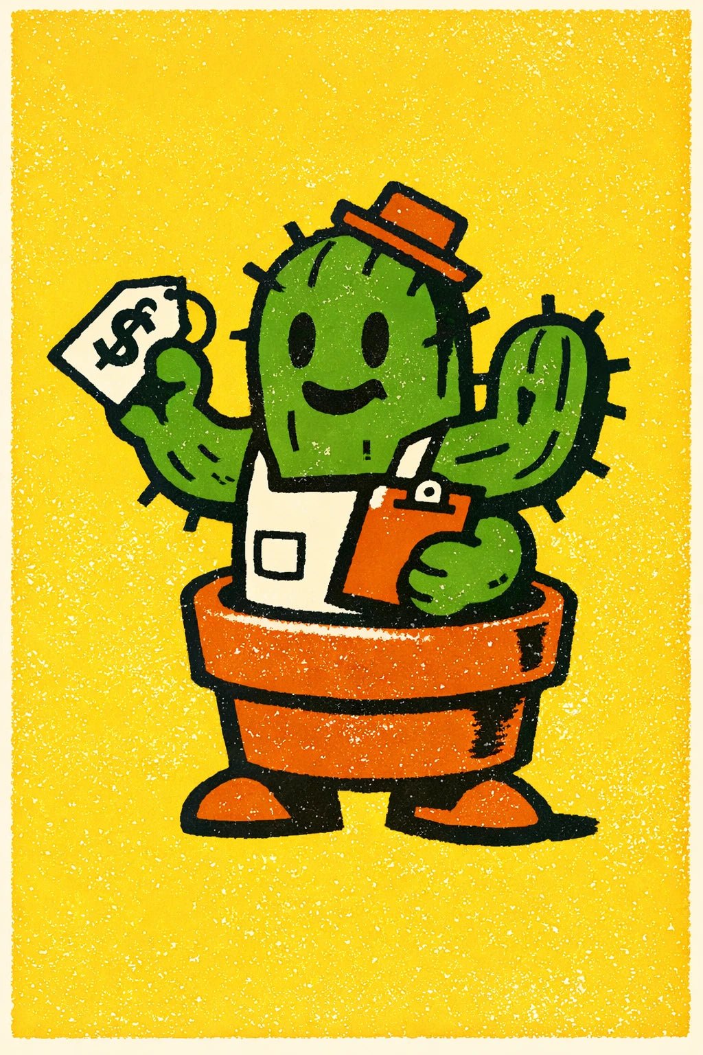 Example output from the Retro Toy Packaging Characters ChatGPT prompt: a retro mascot character of a smiling cactus in a terracotta pot wearing a small hat, on yellow.