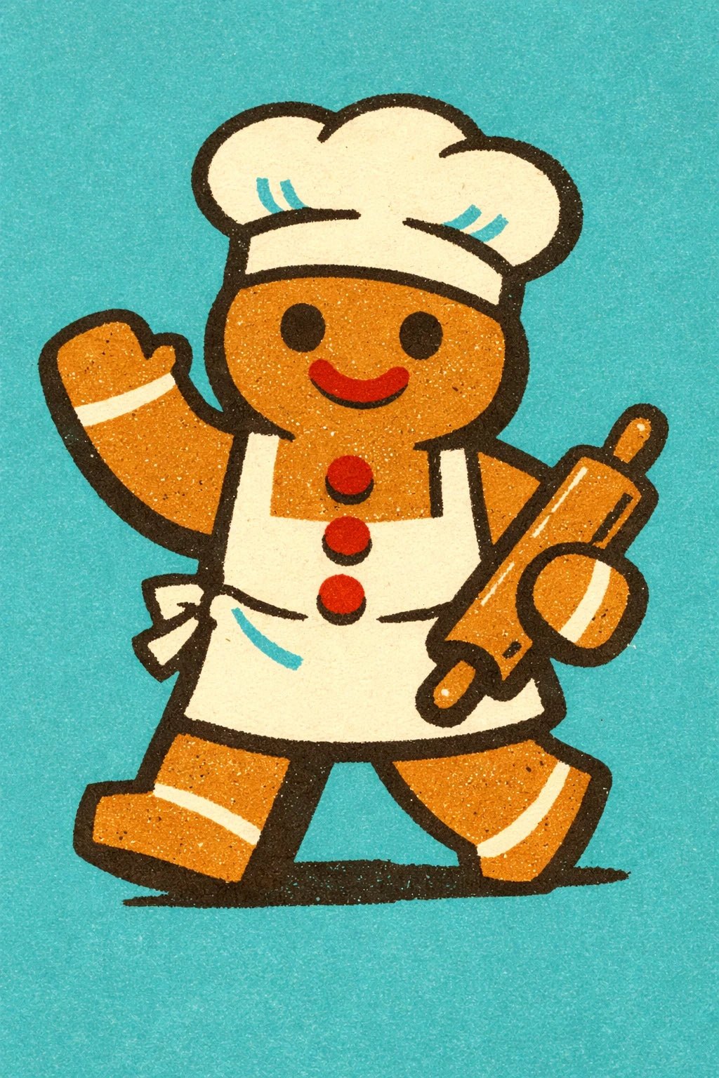 Example output from the Retro Toy Packaging Characters ChatGPT prompt: a retro mascot character of a waving gingerbread man baker with an apron and rolling pin, on teal.
