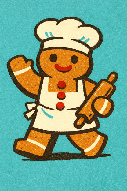 Example output from the Retro Toy Packaging Characters ChatGPT prompt: a retro mascot character of a waving gingerbread man baker with an apron and rolling pin, on teal.