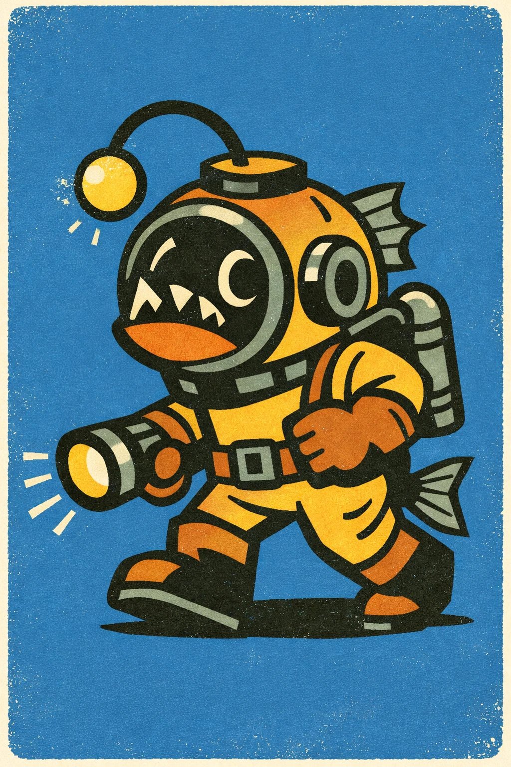 Example output from the Retro Toy Packaging Characters ChatGPT prompt: a retro mascot character of a lanternfish deep-sea diver with a torch, on a blue print-textured background.