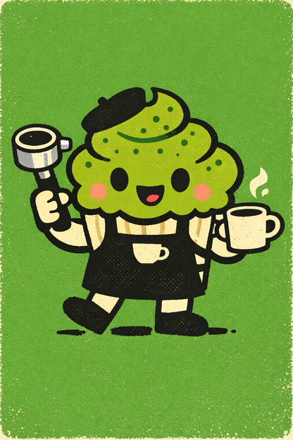 Example output from the Retro Toy Packaging Characters ChatGPT prompt: a matcha cupcake mascot character in clean minimalist vector style with print texture on a flat color background.