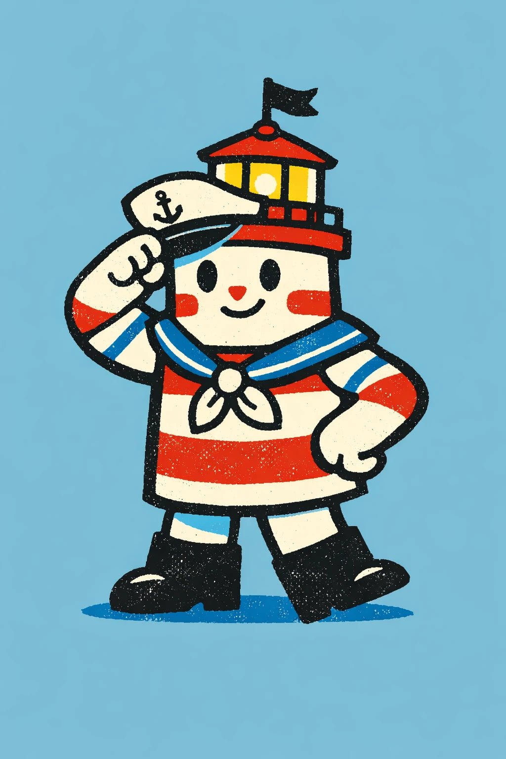 Example output from the Retro Toy Packaging Characters ChatGPT prompt: a retro mascot character of a miniature lighthouse dressed as a saluting sailor, on pale blue.