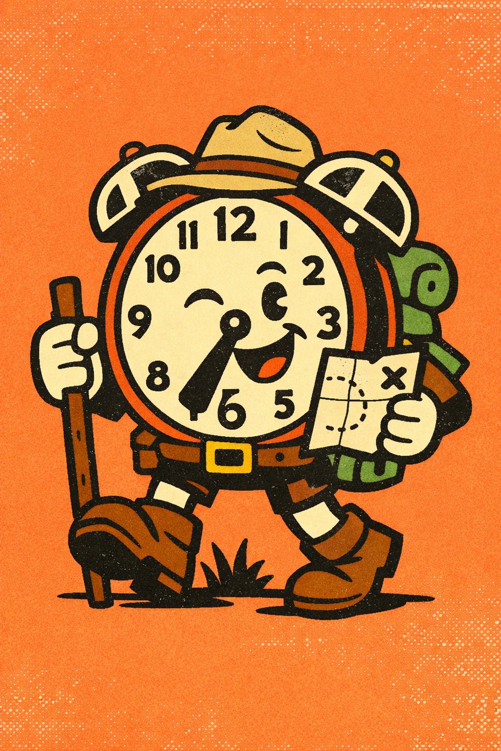 Example output from the Retro Toy Packaging Characters ChatGPT prompt: a retro alarm clock mascot character in clean minimalist vector style with print texture on a flat color background.