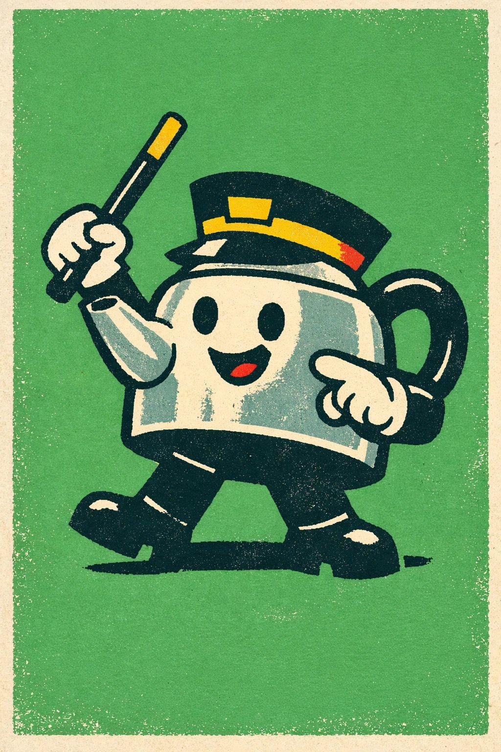 Example output from the Retro Toy Packaging Characters ChatGPT prompt: a retro mascot character of a tea kettle conductor in a peaked cap waving a baton, on green.