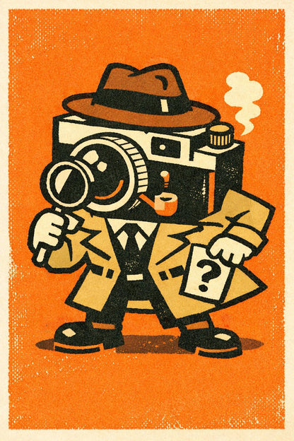 Example output from the Retro Toy Packaging Characters ChatGPT prompt: a vintage camera mascot character in clean minimalist vector style with print texture on a flat color background.