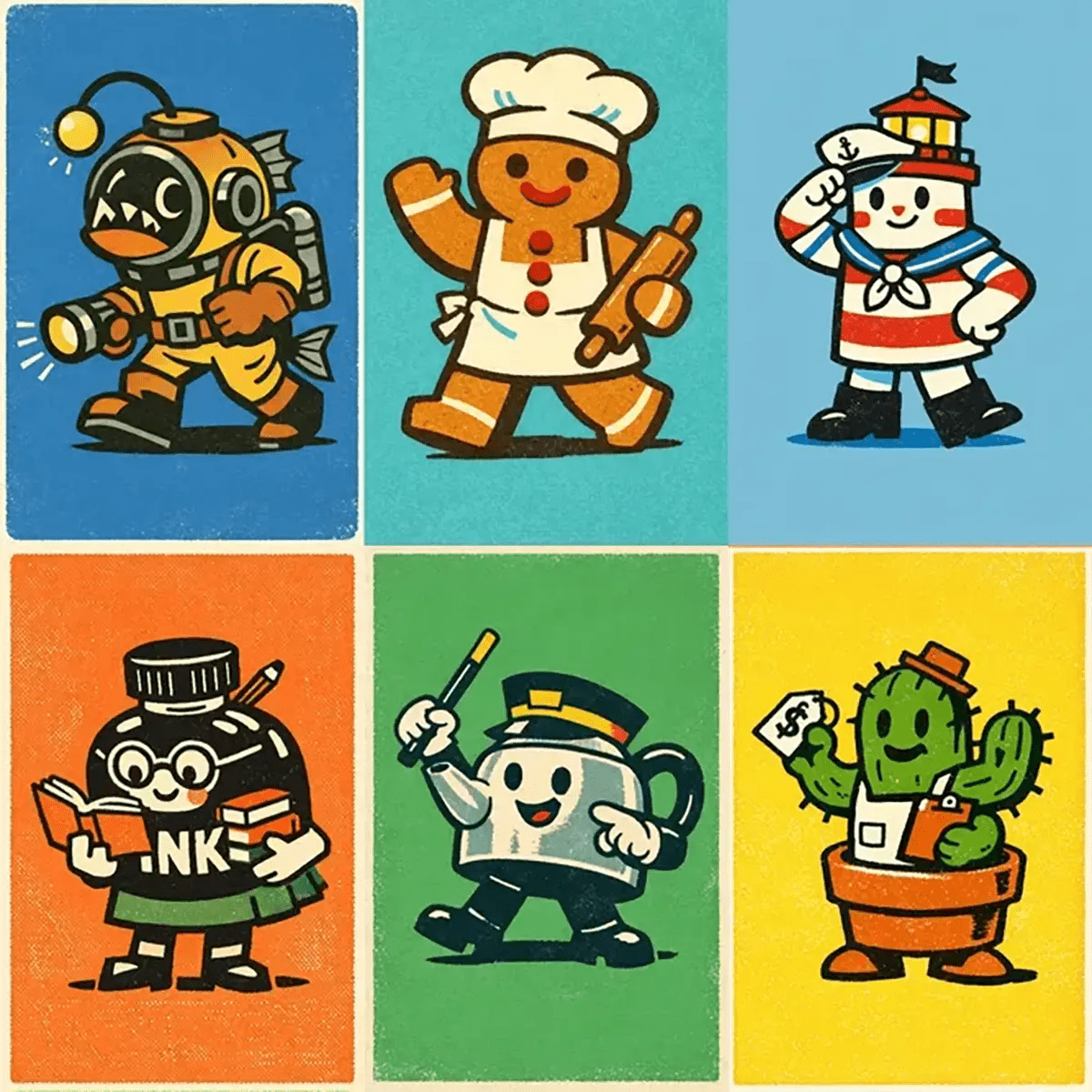 Example output from the Retro Toy Packaging Characters ChatGPT prompt: a six-panel grid of retro print-textured mascot characters on flat color blocks, showing a lanternfish diver, gingerbread baker, lighthouse sailor, ink bottle scholar, tea kettle conductor and a potted cactus.