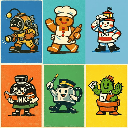 Example output from the Retro Toy Packaging Characters ChatGPT prompt: a six-panel grid of retro print-textured mascot characters on flat color blocks, showing a lanternfish diver, gingerbread baker, lighthouse sailor, ink bottle scholar, tea kettle conductor and a potted cactus.