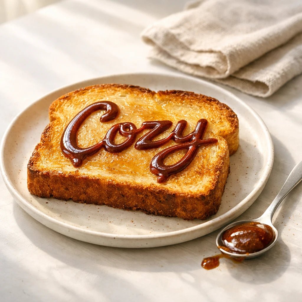 Hyper-realistic toast on a plate with handwritten sauce typography words, natural light food styling, and micro-detail realism: Cozy