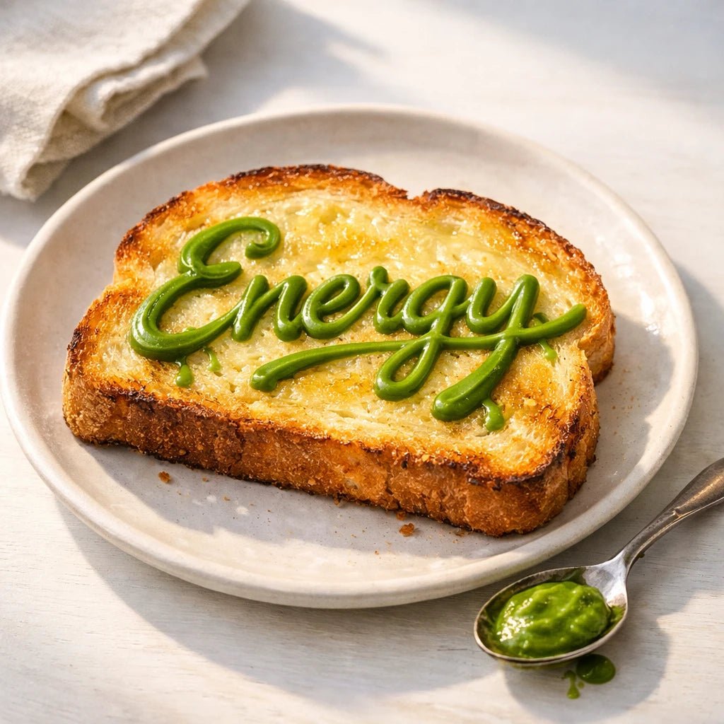 Hyper-realistic toast on a plate with handwritten sauce typography words, natural light food styling, and micro-detail realism: Energy
