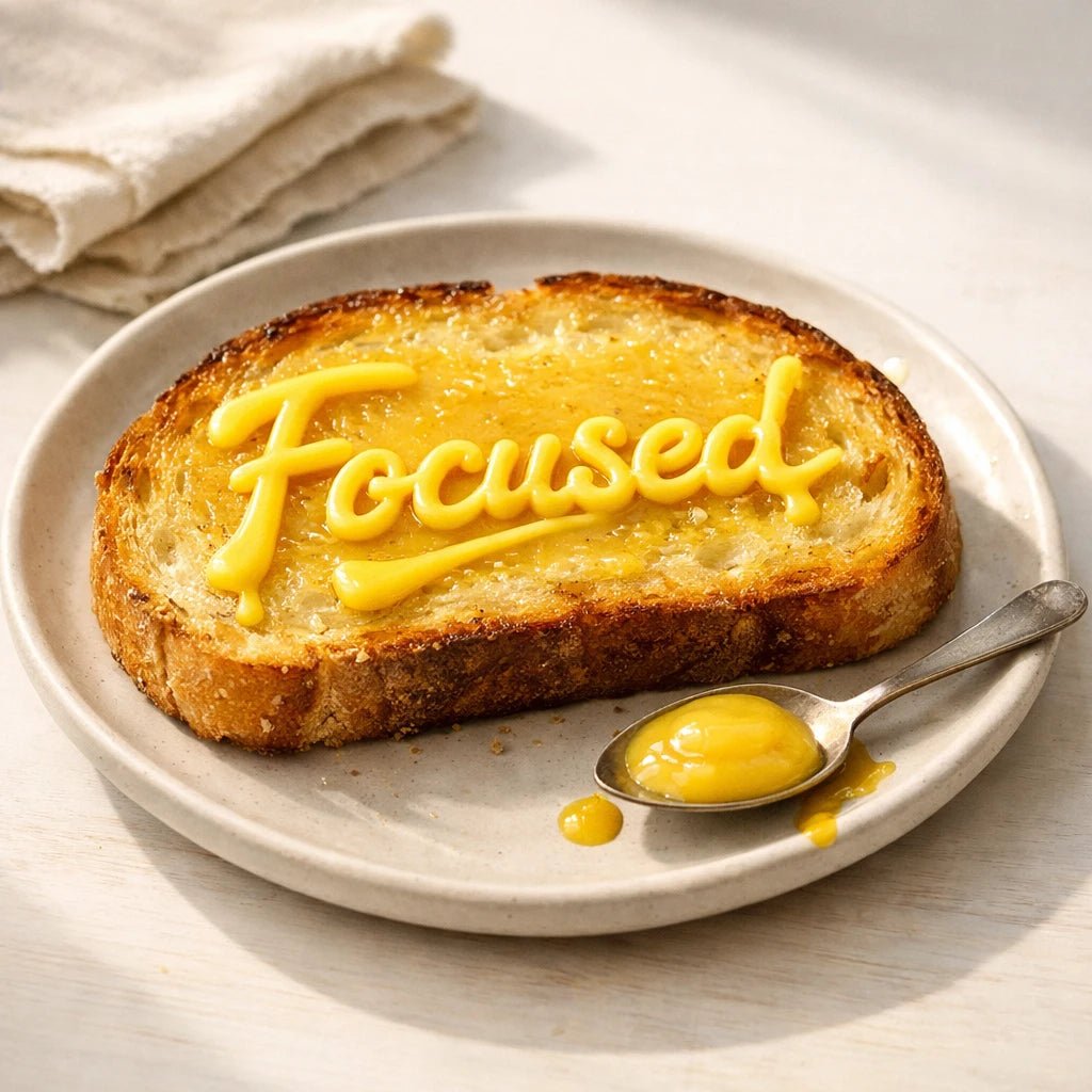 Hyper-realistic toast on a plate with handwritten sauce typography words, natural light food styling, and micro-detail realism: Focused