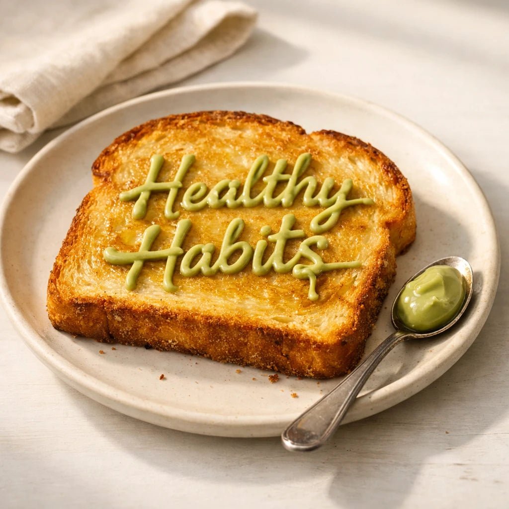 Hyper-realistic toast on a plate with handwritten sauce typography words, natural light food styling, and micro-detail realism: Healthy Habits