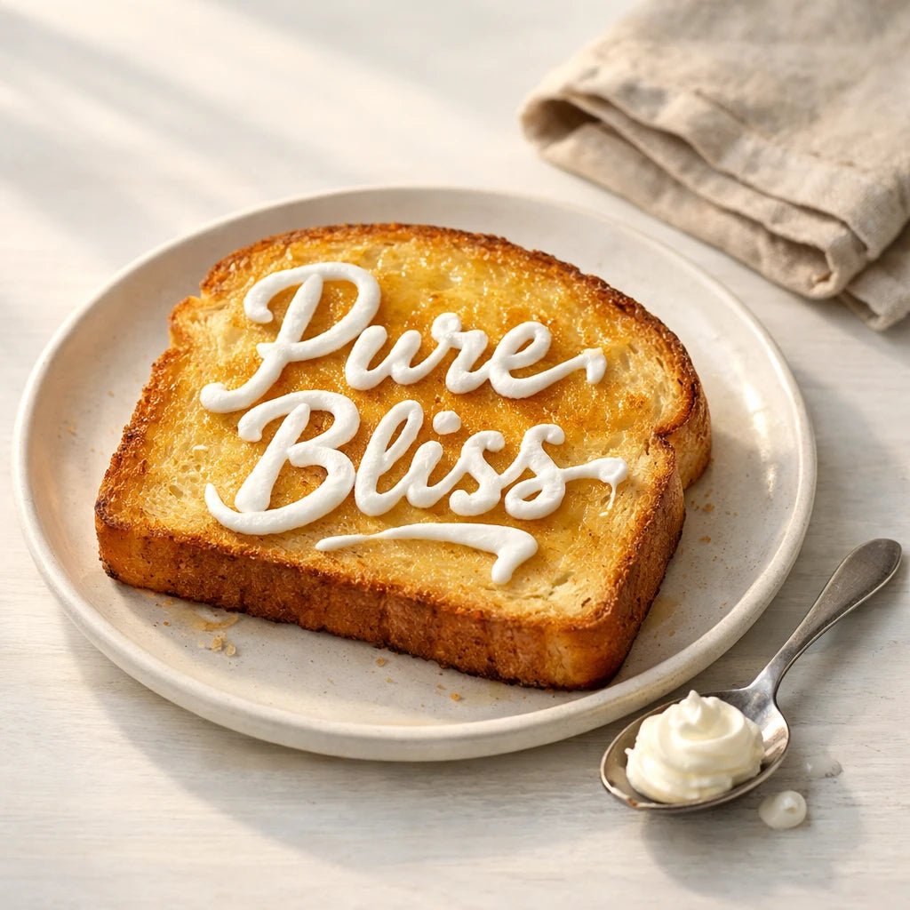 Hyper-realistic toast on a plate with handwritten sauce typography words, natural light food styling, and micro-detail realism: Pure Bliss